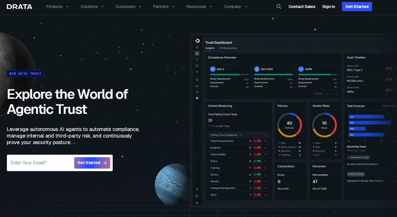 Drata governance, risk and compliance platform homepage