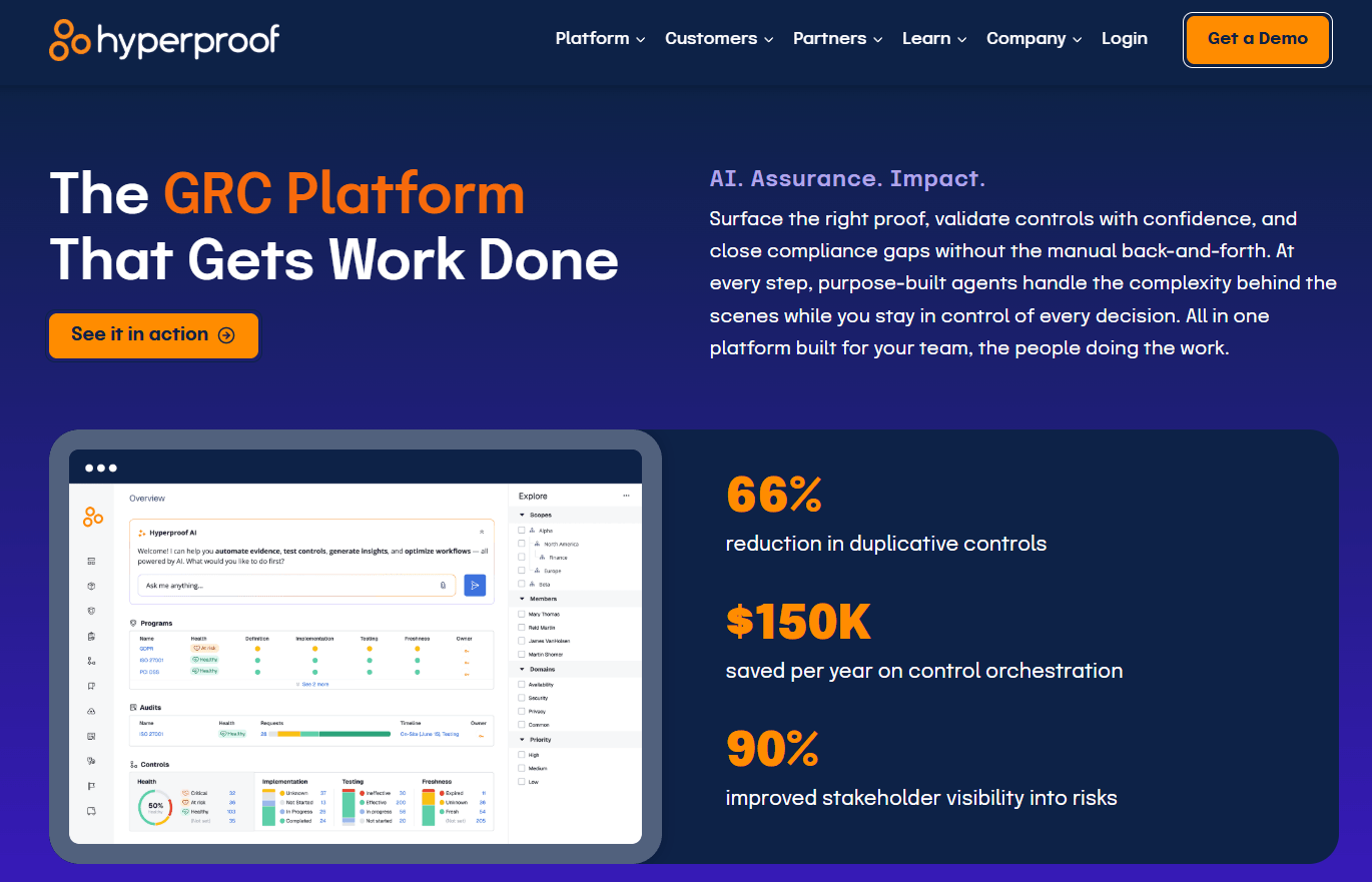 Hyperproof homepage with its GRC platform