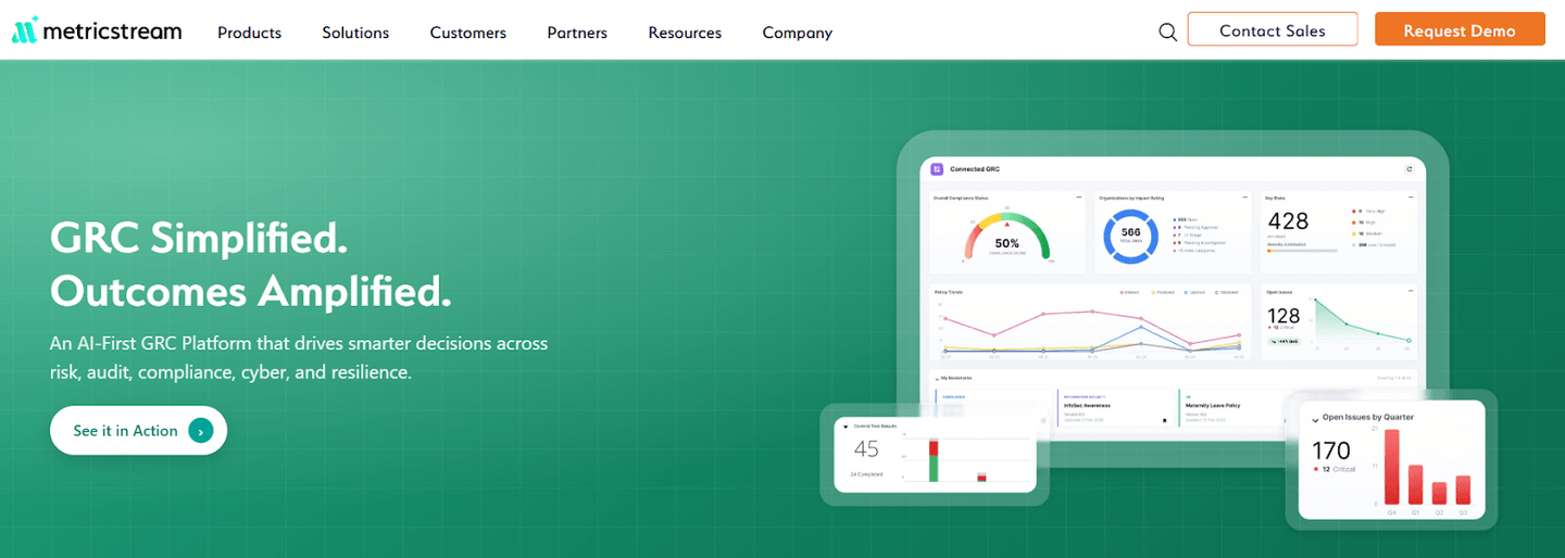 MetricStream GRC platform homepage with a connected GRC dashboard