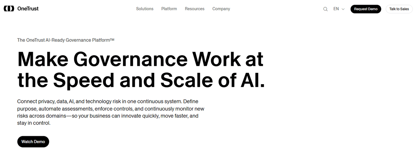 OneTrust governance platform homepage