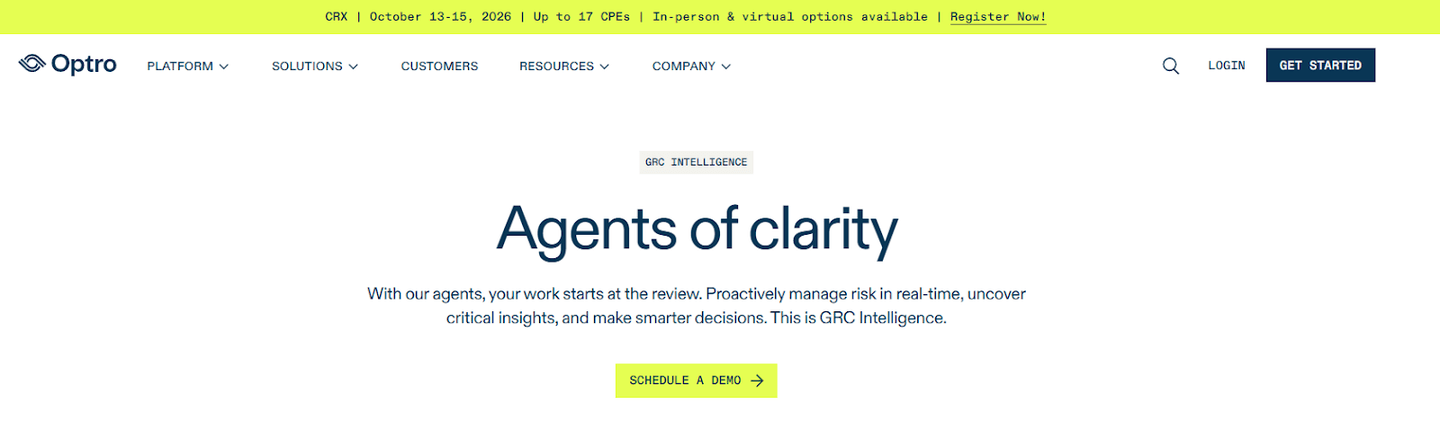 Optro homepage with its GRC platform