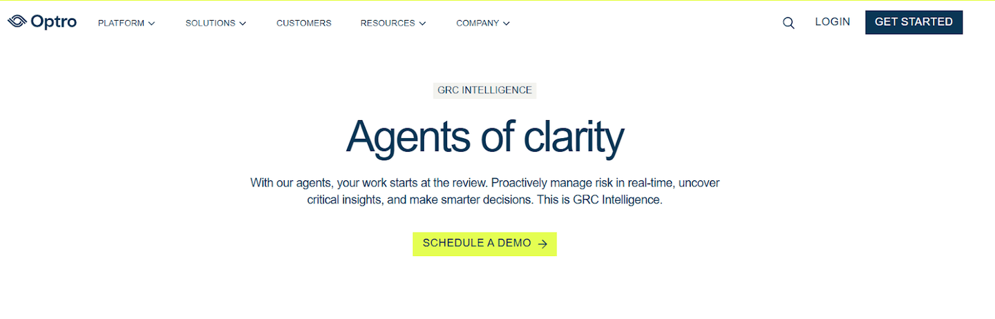 Optro homepage introducing its GRC Intelligence agents