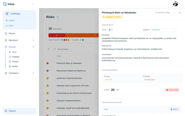 Valiido Risikomanagement-Ansicht mit strukturierten Risiko-Datensätzen
