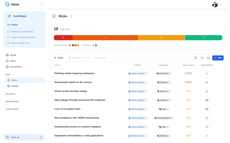 Risk register in Valiido - scored rows with treatment and an assigned owner.