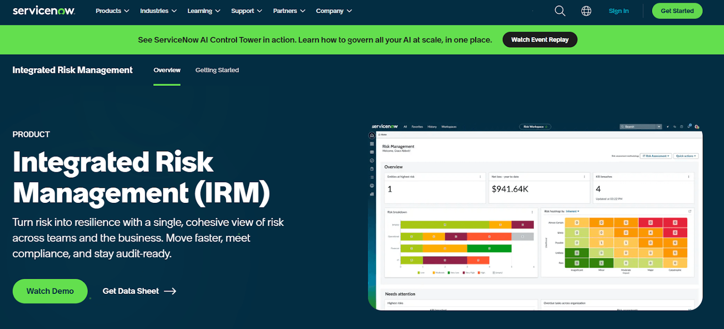 ServiceNow Integrated Risk Management product page with a risk dashboard