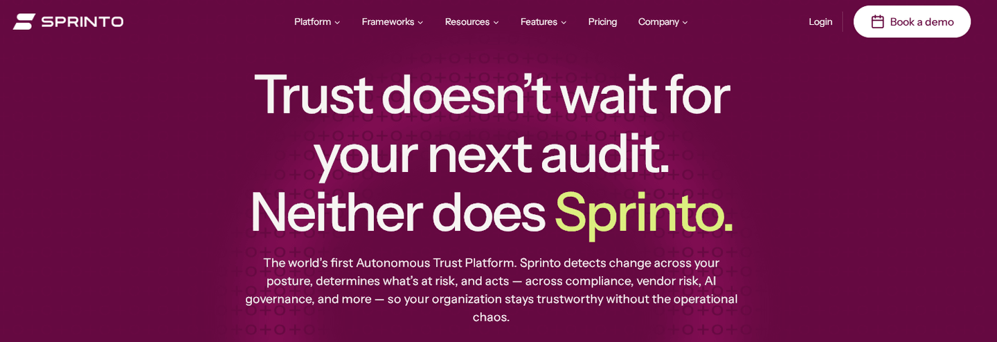Sprinto homepage presenting its autonomous trust platform
