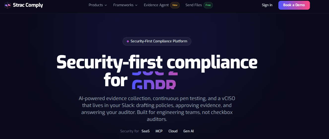 Strac Comply homepage: security-first compliance platform