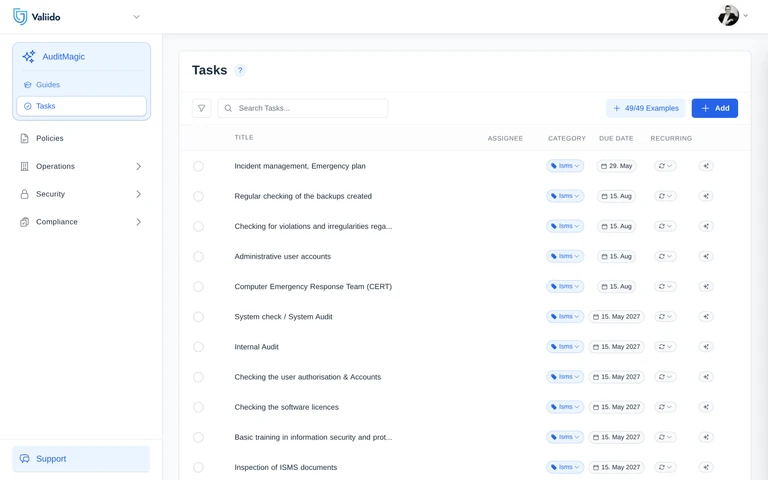 Task management in Valiido keeping every ISMS task tracked through to the audit