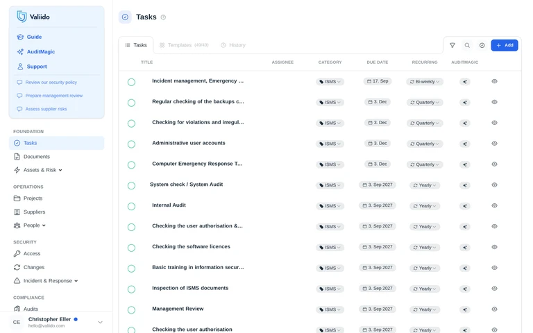 Task management in Valiido keeping every ISMS task tracked through to the audit
