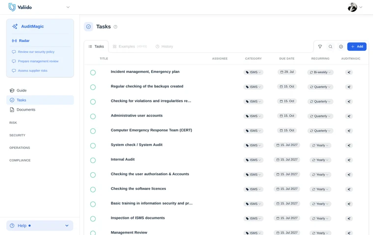 Task management in Valiido keeping every ISMS task tracked through to the audit