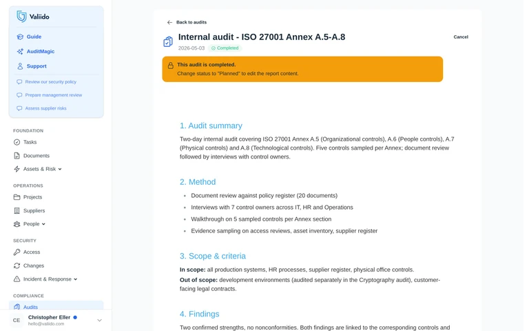 Audit report in Valiido - audit-lock banner over a structured ISMS report.