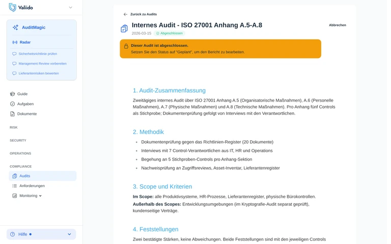 Auditbericht in Valiido - Audit-Lock-Banner über strukturiertem ISMS-Bericht.