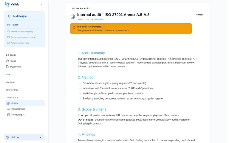 Audit report in Valiido - audit-lock banner over a structured ISMS report.