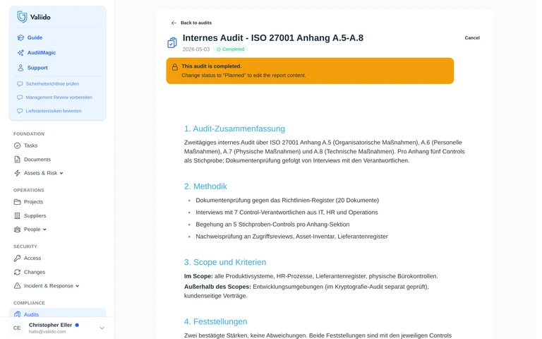 Valiido Audit-Bericht mit nach Schweregrad sortierten Findings