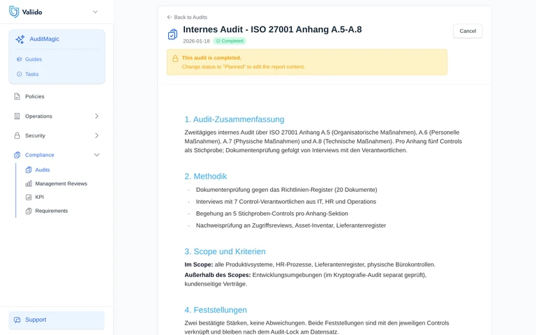 Valiido Audit-Bericht mit nach Schweregrad sortierten Findings