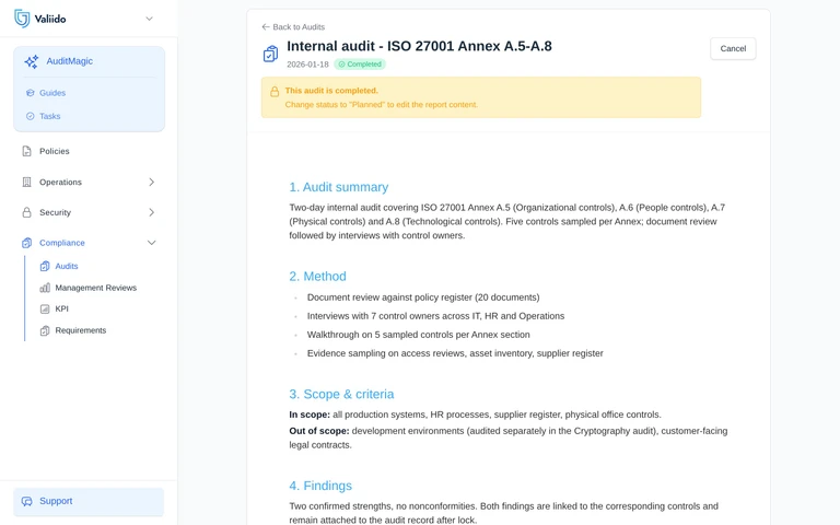Valiido audit report with findings sorted by severity