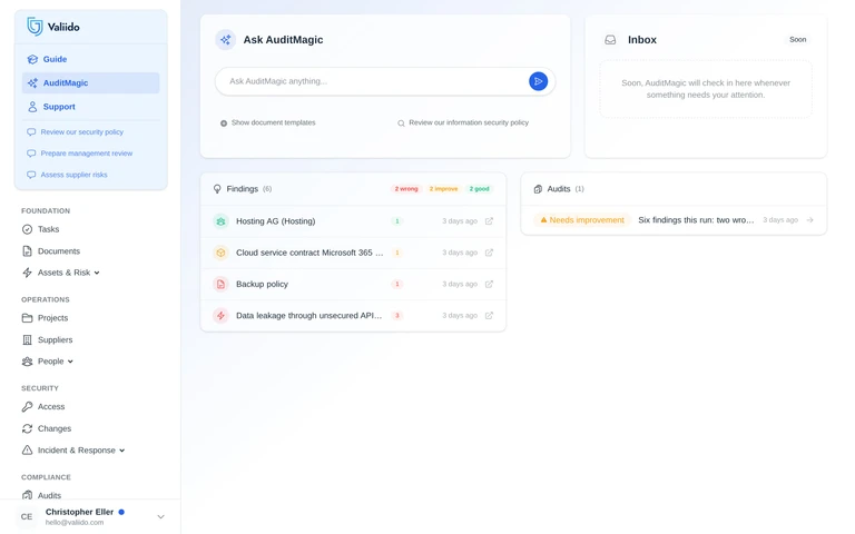 AuditMagic cockpit in Valiido - Guide coverage, latest full audit, upcoming tasks, and findings panel.