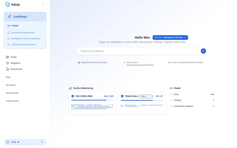 AuditMagic-Cockpit in Valiido - Guide-Coverage, jüngster Full-Audit, kommende Aufgaben und Findings-Panel.