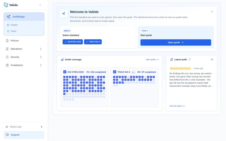 Valiido AuditMagic cockpit with instant compliance checks