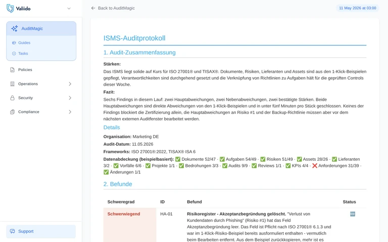 Valiido AuditMagic Vollaudit-Bericht mit nach Schweregrad sortierten Findings