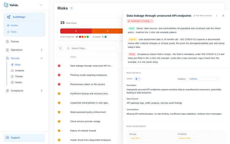 Valiido AuditMagic findings on a single record, checked against Valiido best practices, ISO® 27001 and TISAX®