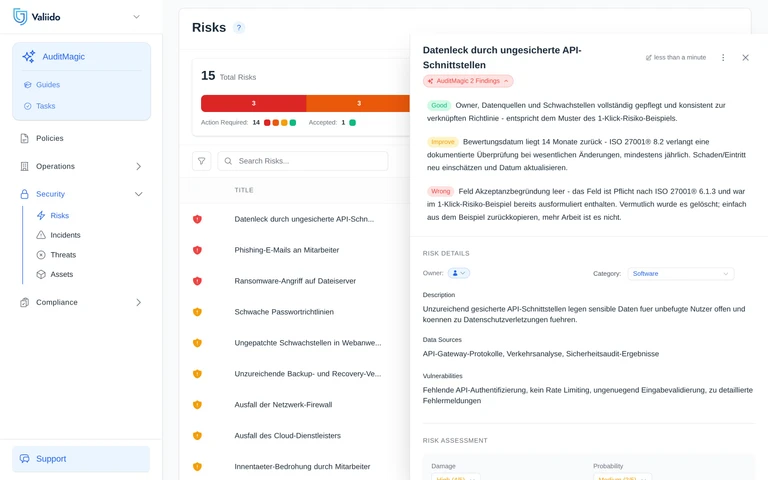 Valiido AuditMagic Findings an einem einzelnen Datensatz, geprüft gegen Valiido-Best-Practices, ISO® 27001 und TISAX®