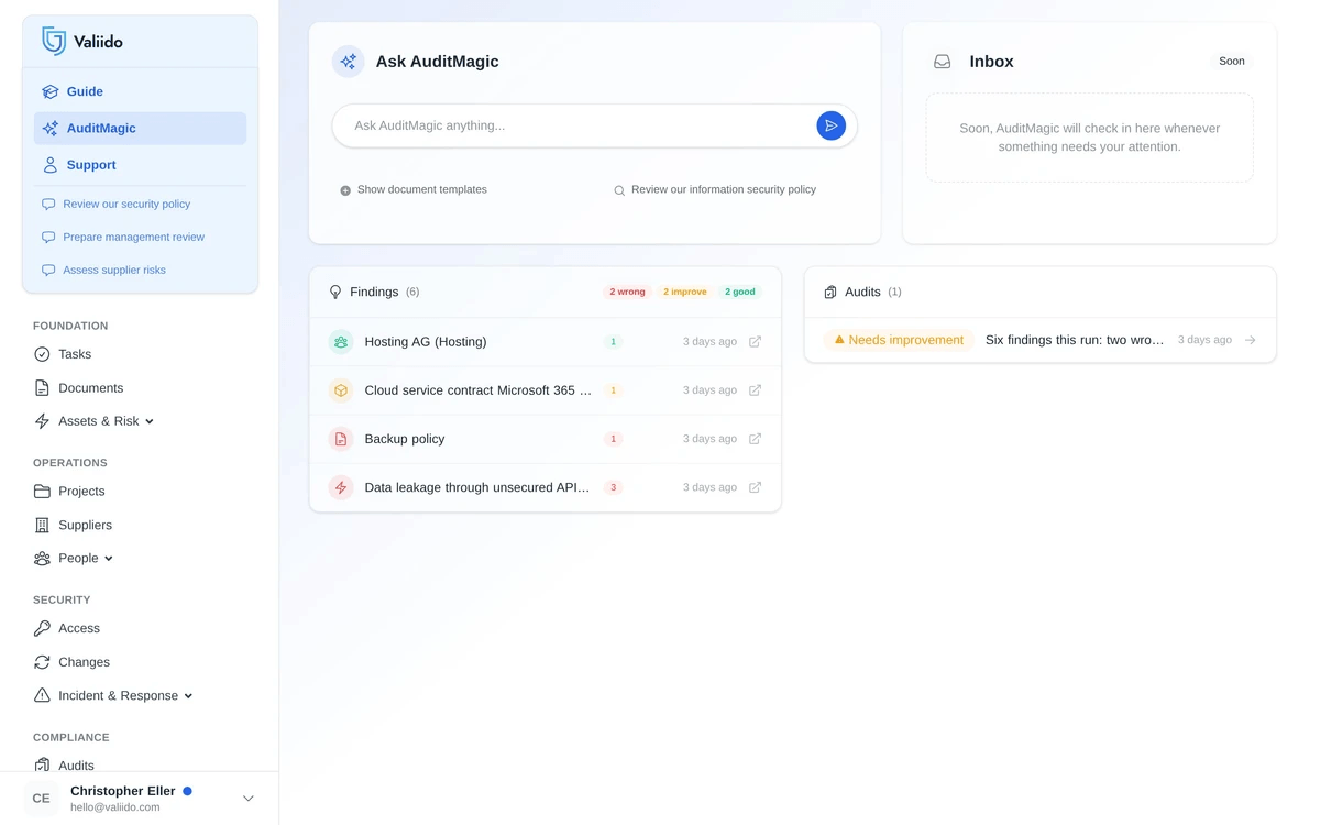 Valiido AuditMagic with findings sorted by severity
