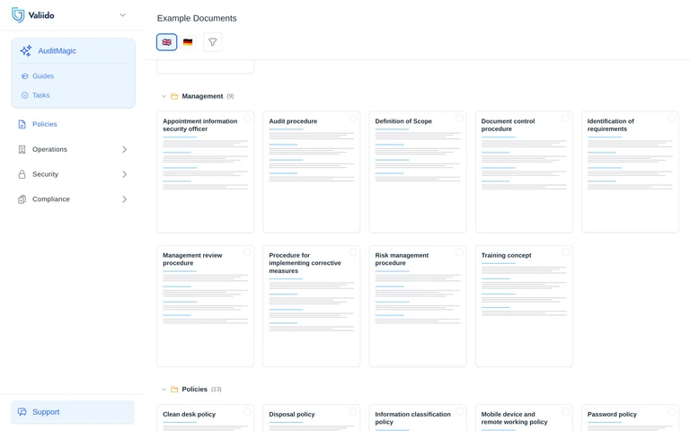Valiido documents library with pre-built ISMS documents ready to adapt