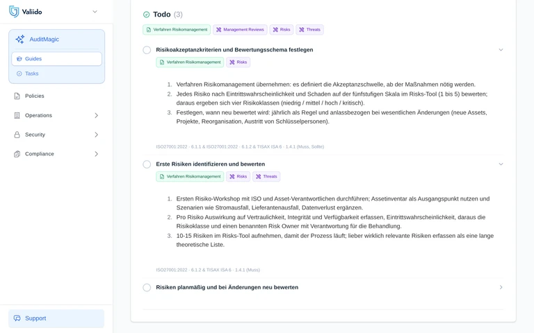 Valiido Guide mit offenen Aufgaben, die durch jede Anforderung von ISO® 27001 und TISAX® führen