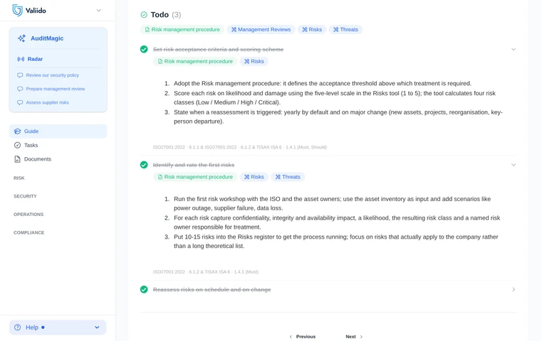 Valiido Guide todo task expanded with steps and framework references back to ISO and TISAX controls
