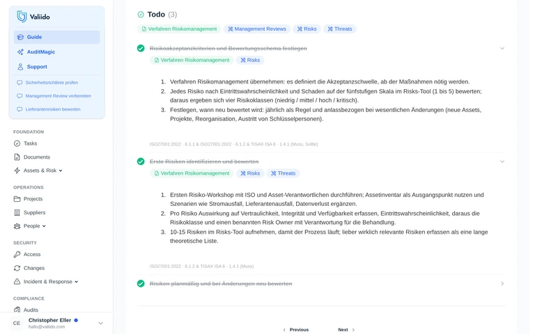 Valiido Guide mit offenen Aufgaben, die durch jede Anforderung von ISO® 27001 und TISAX® führen