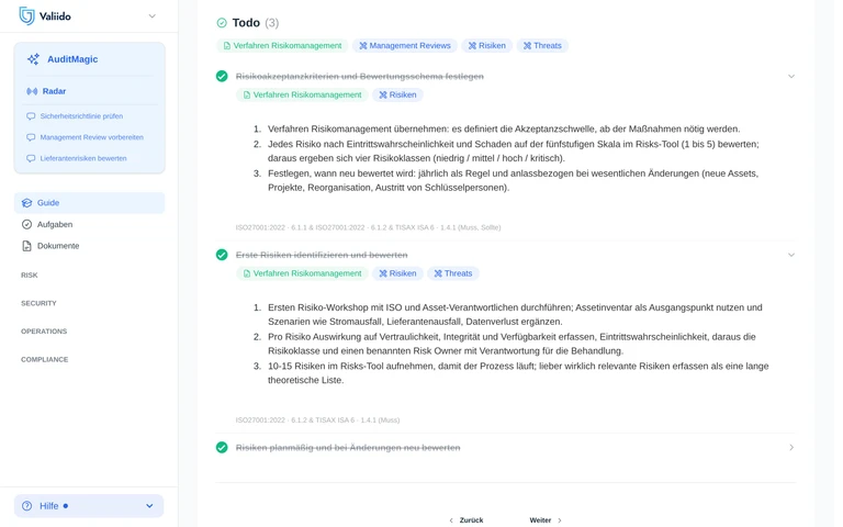 Valiido Guide Todo-Aufgabe ausgeklappt mit Schritten und Framework-Referenzen zurück auf ISO- und TISAX-Controls