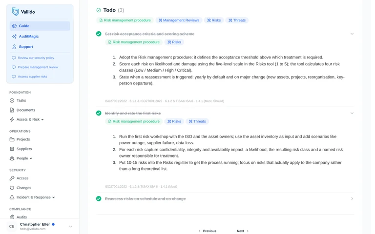 Valiido Guide todo task expanded with steps and framework references back to ISO and TISAX controls