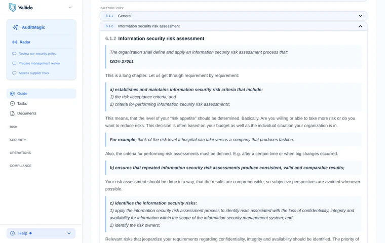 Valiido Guide Risk Assessment with ISO 27001 6.1.2 expanded - norm quotes alternating with Valiido commentary requirement by requirement