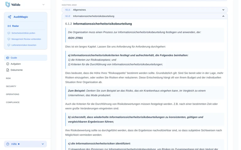 Valiido Guide Risikobewertung mit ausgeklapptem ISO 27001 6.1.2 - Normzitate im Wechsel mit Valiido-Erklärungen Anforderung für Anforderung