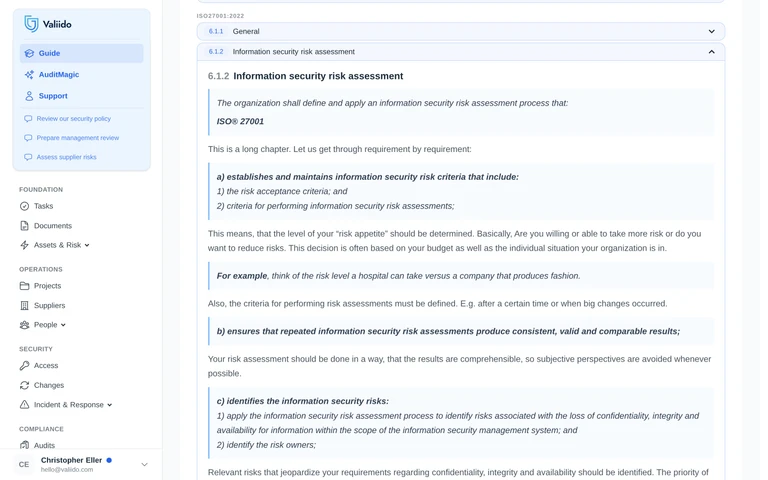Valiido Guide Risk Assessment with ISO 27001 6.1.2 expanded - norm quotes alternating with Valiido commentary requirement by requirement