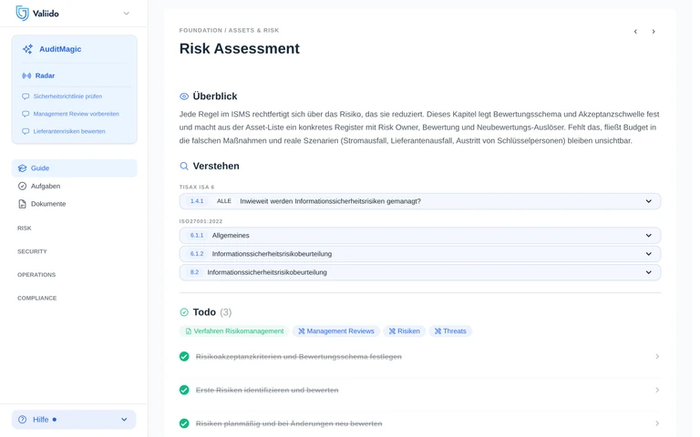 Valiido Guide Kapitel Risikobewertung mit Verstehen- und Todo-Sektion
