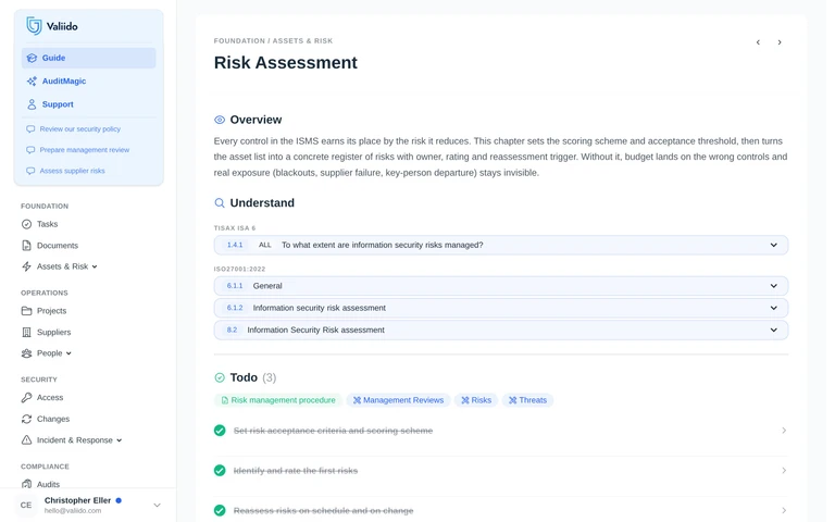 Valiido Guide Risk Assessment chapter overview with Understand and Todo sections