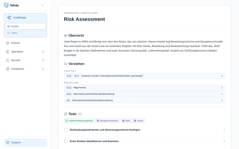 Valiido Guide mit verständlichen Kommentaren neben jeder ISO® 27001-Anforderung