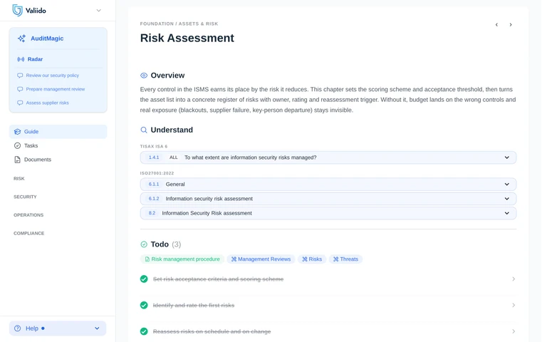 Valiido Guide Risk Assessment chapter overview with Understand and Todo sections