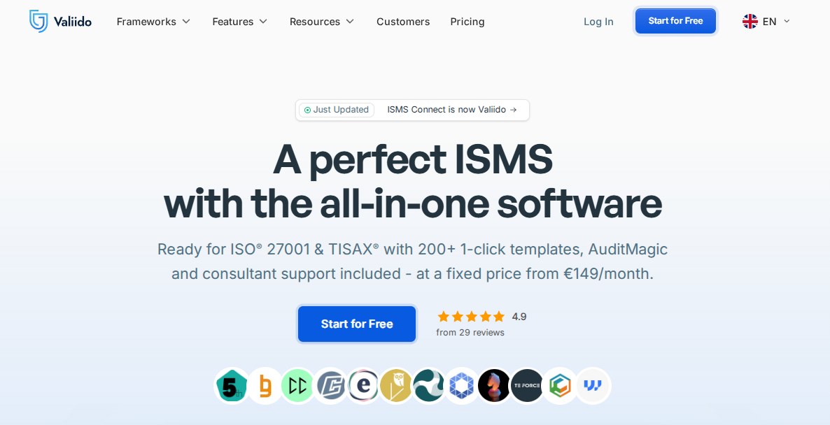 Valiido ISMS platform homepage with guided implementation and AuditMagic