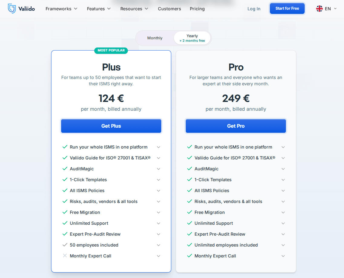 Valiido Plus and Pro pricing plans