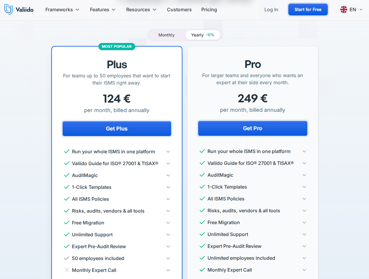 Valiido Plus and Pro pricing plans