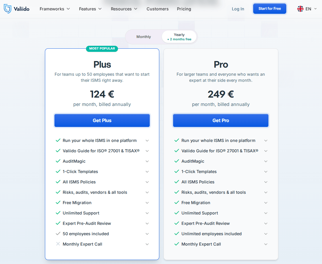 Valiido Plus and Pro pricing plans