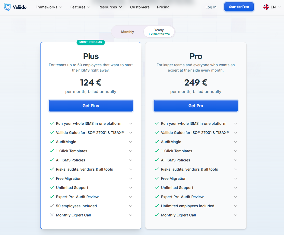 Valiido Plus and Pro subscription pricing