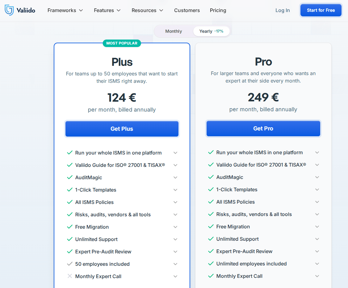 Valiido Plus and Pro pricing plans