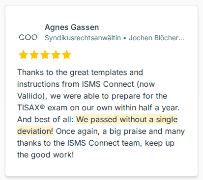 Customer review by Jochen Blöcher GmbH about passing the TISAX® audit without deviations