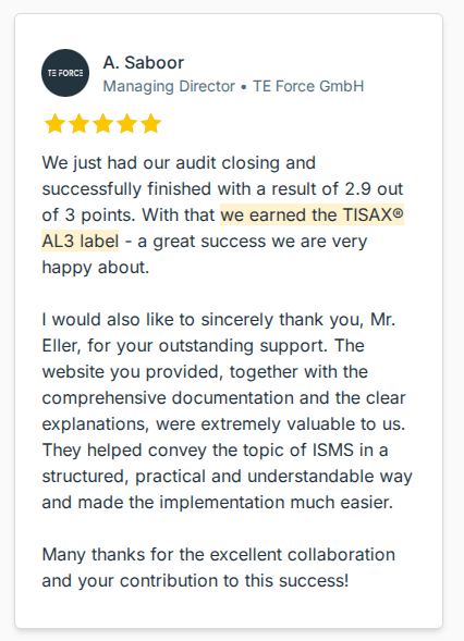 Customer review by TE Force GmbH about earning the TISAX® AL3 label