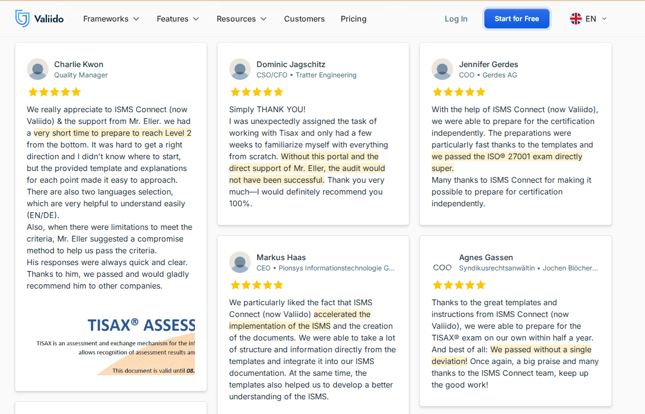 Valiido customer reviews with five-star ratings
