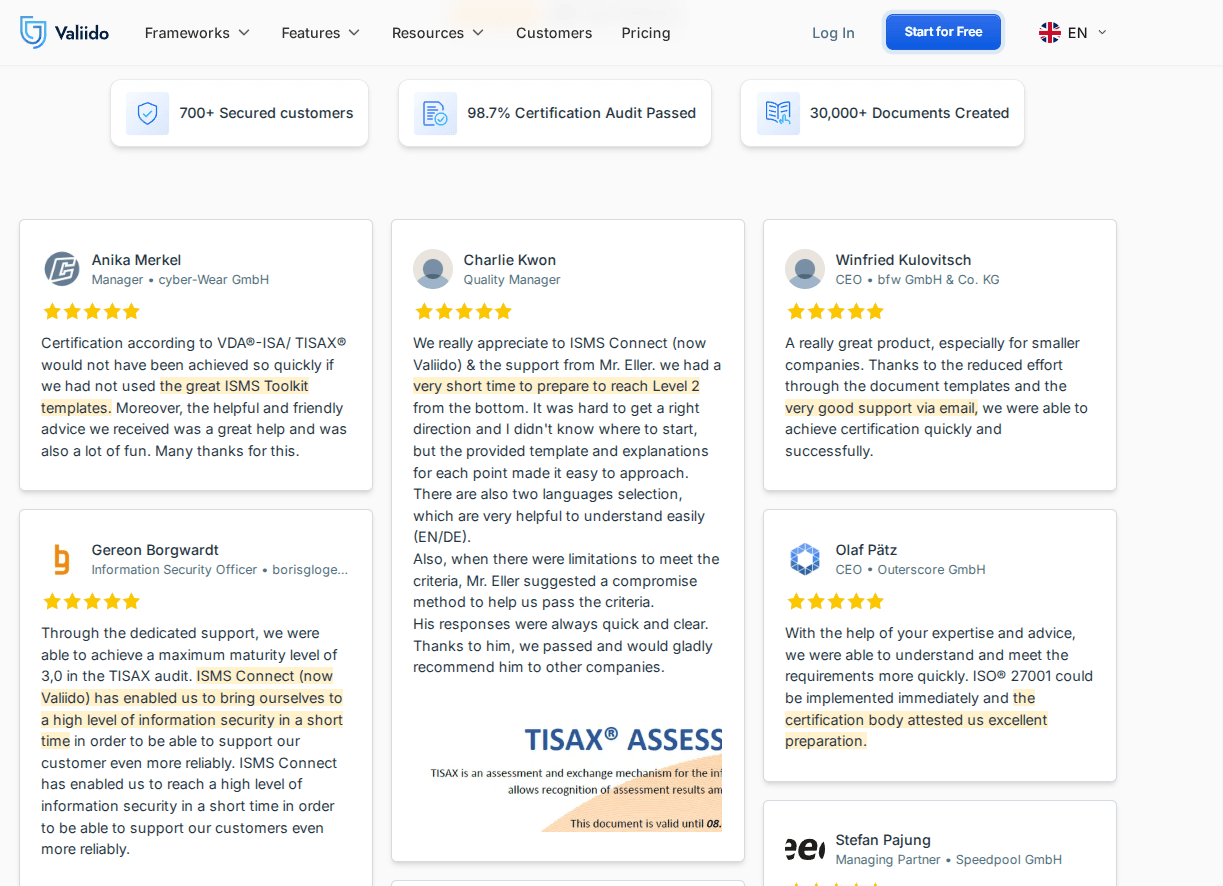 Valiido customer reviews page with key figures and five-star ratings
